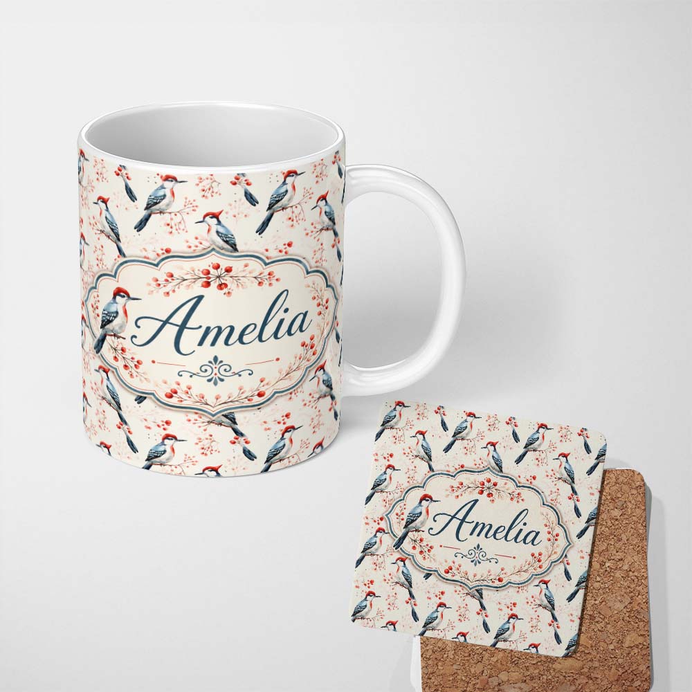 Personalized Custom Name Soft Watercolor Woodpecker Birds with Berry Branch Seamless Pattern 11oz Ceramic Coffee Tea Mug White Large Handle