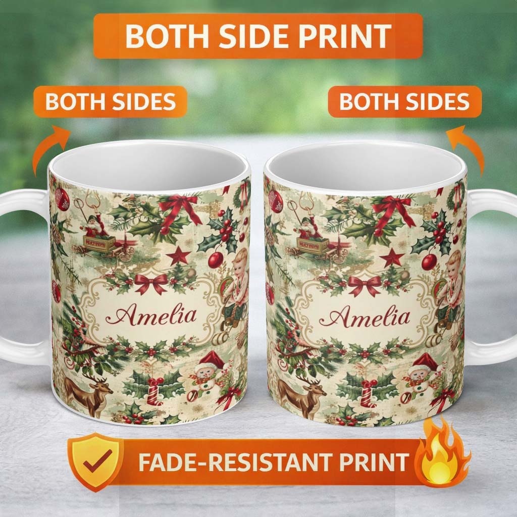 Personalized Custom Name Vintage Christmas Children Tree Snowman and Festive Illustrations 11oz Ceramic Coffee Tea Mug White Large Handle