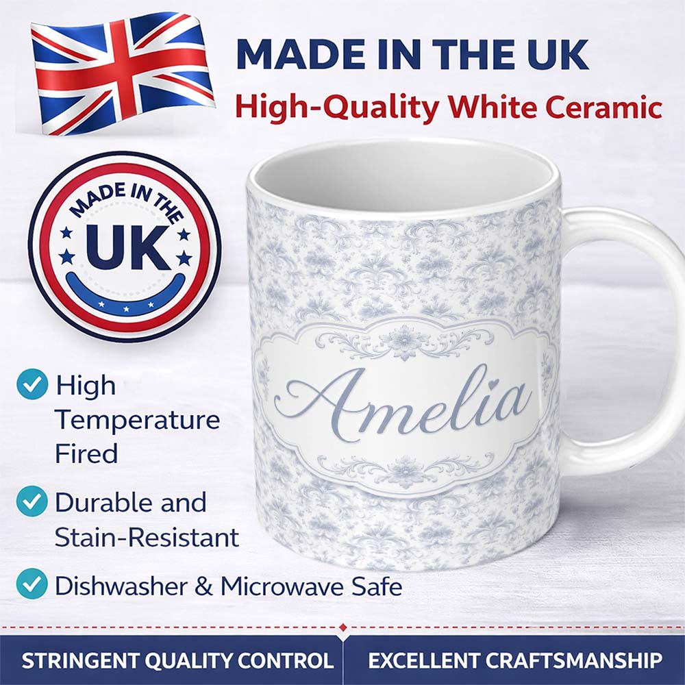 Personalized Custom Name Elegant Soft Grey Damask Floral Ornamental Seamless Pattern Lovely 11oz Ceramic Coffee Tea Mug White Large Handle