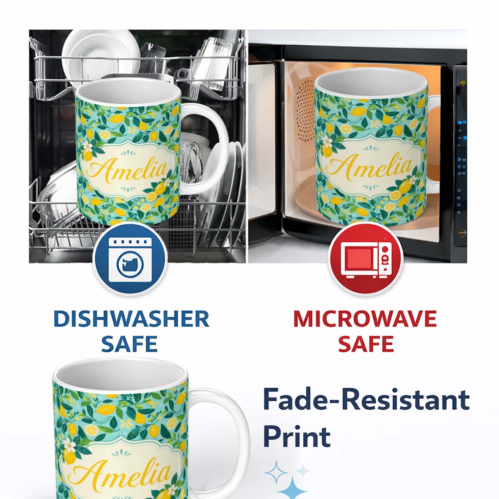 Personalized Custom Name Fresh Lemon and Leaf Scatter Pattern on Teal Background Seamless 11oz Ceramic Coffee Tea Mug White Large Handle