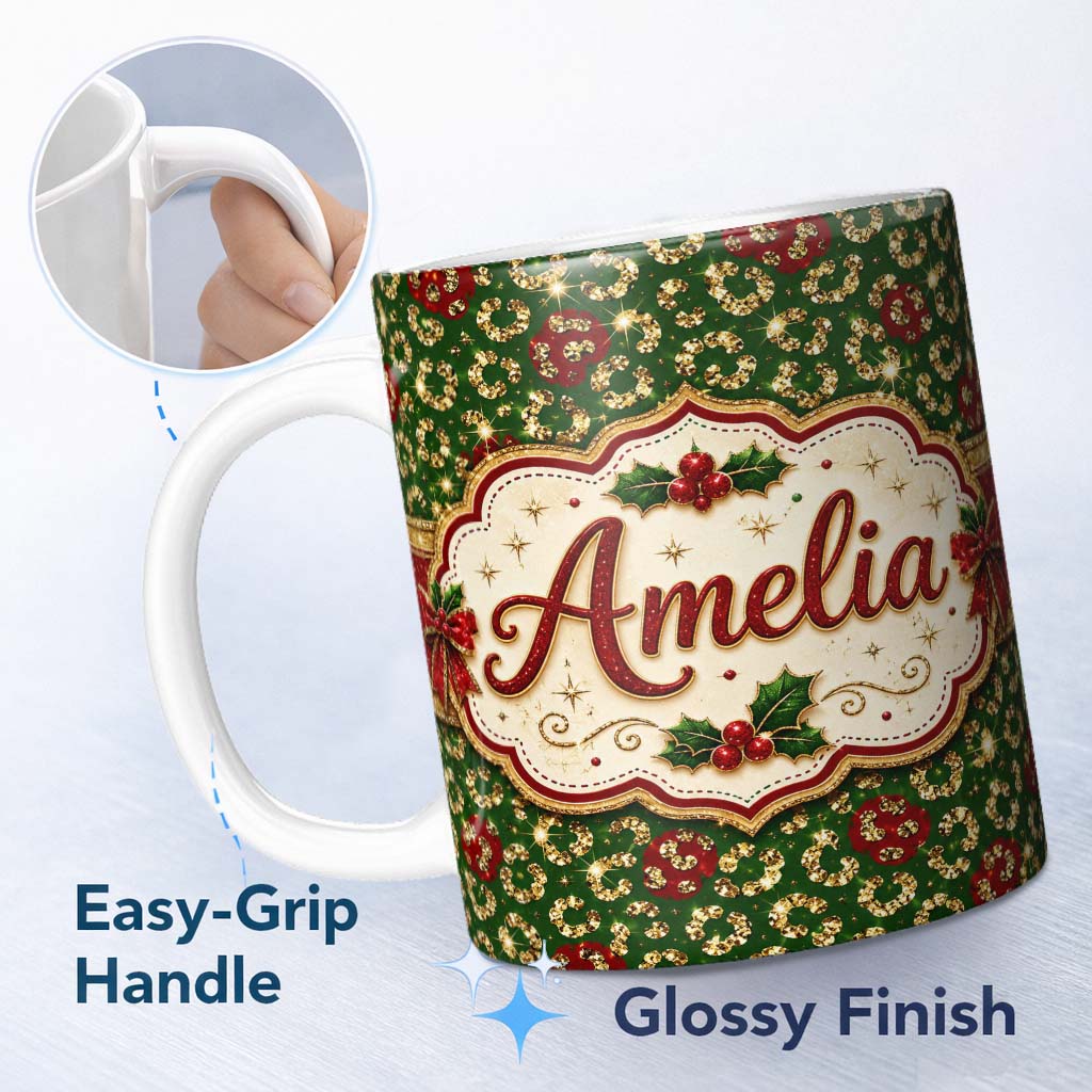 Personalized Custom Name Gold Leopard Print Glitter Christmas Seamless Pattern Lovely 11oz Ceramic Coffee Tea Mug White Large Handle