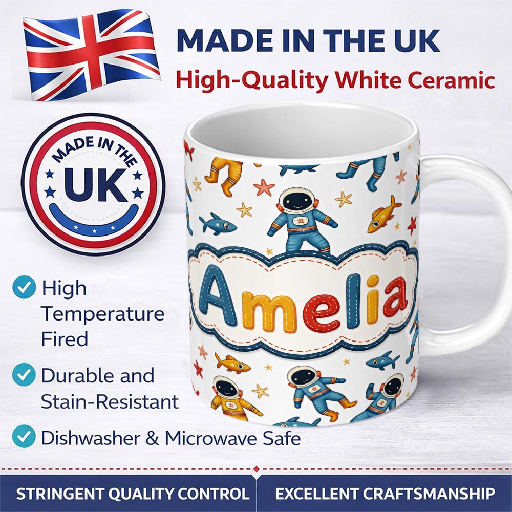 Personalized Custom Name Cute Cartoon Astronaut Space Kids Seamless Pattern Cute Unique Gift 11oz Ceramic Coffee Tea Mug White Large Handle