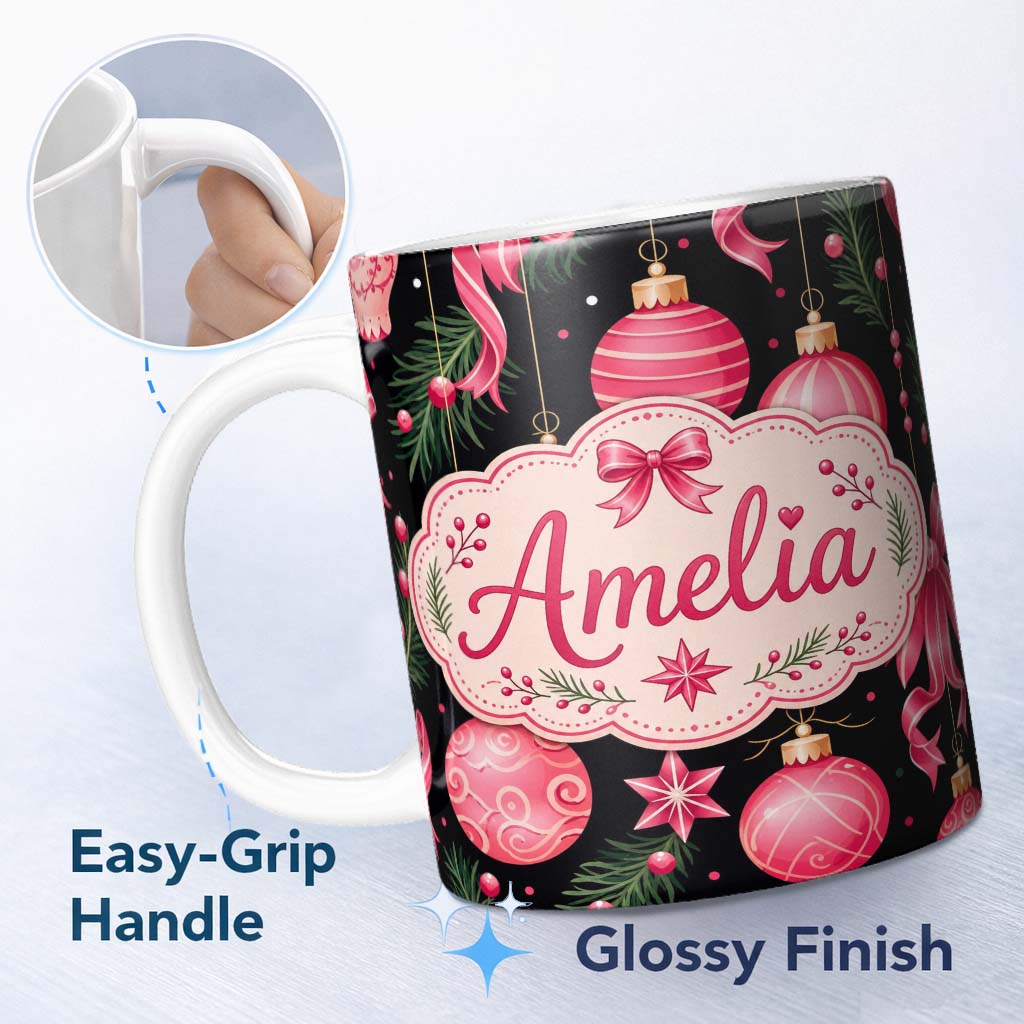 Personalized Custom Name Elegant Red Baubles Ribbon Holly Black Seamless Pattern Lovely 11oz Ceramic Coffee Tea Mug White Large Handle