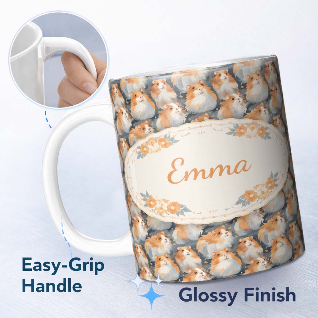 Personalized Custom Name Realistic Fluffy Hamster Blue Background Seamless Pattern Lovely 11oz Ceramic Coffee Tea Mug White Large Handle