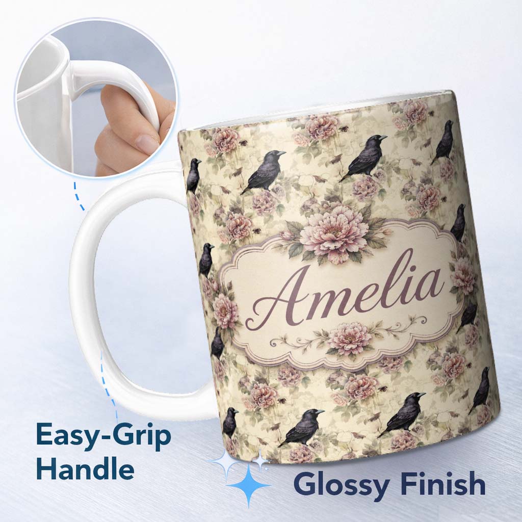 Personalized Custom Name Vintage Crow Bird with Floral Background Seamless Pattern Lovely 11oz Ceramic Coffee Tea Mug White Large Handle