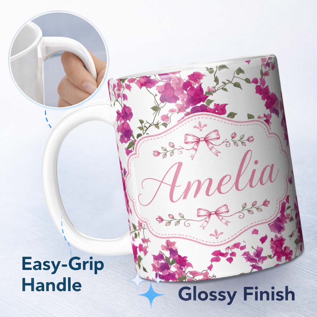 Personalized Custom Name Vibrant Pink Bougainvillea Floral Vine Elegant Seamless Pattern 11oz Ceramic Coffee Tea Mug White Large Handle