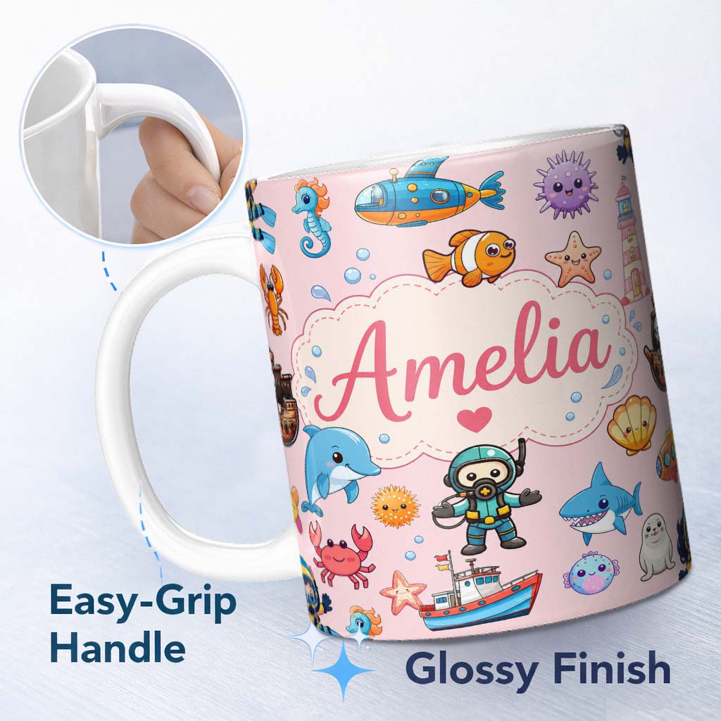 Personalized Custom Name Cartoon Ocean with various sea CreaturesSea Creatures on Blush Pink 11oz Ceramic Coffee Tea Mug White Large Handle