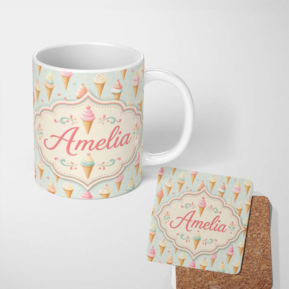 Personalized Custom Name Pastel Ice Cream Cones with Sprinkles Seamless Cute Dessert Pattern 11oz Ceramic Coffee Tea Mug White Large Handle