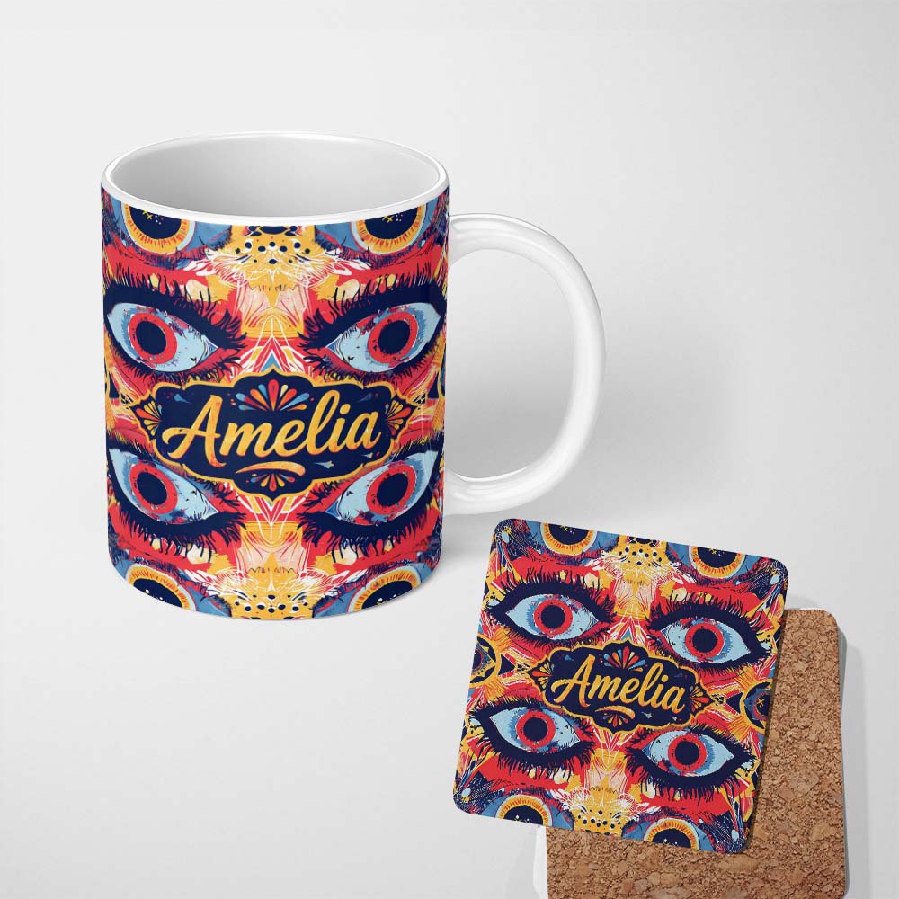 Personalized Custom Name Bold Symmetrical Eye Motif Seamless Pattern Abstract Decorative 11oz Ceramic Coffee Tea Mug White Large Handle