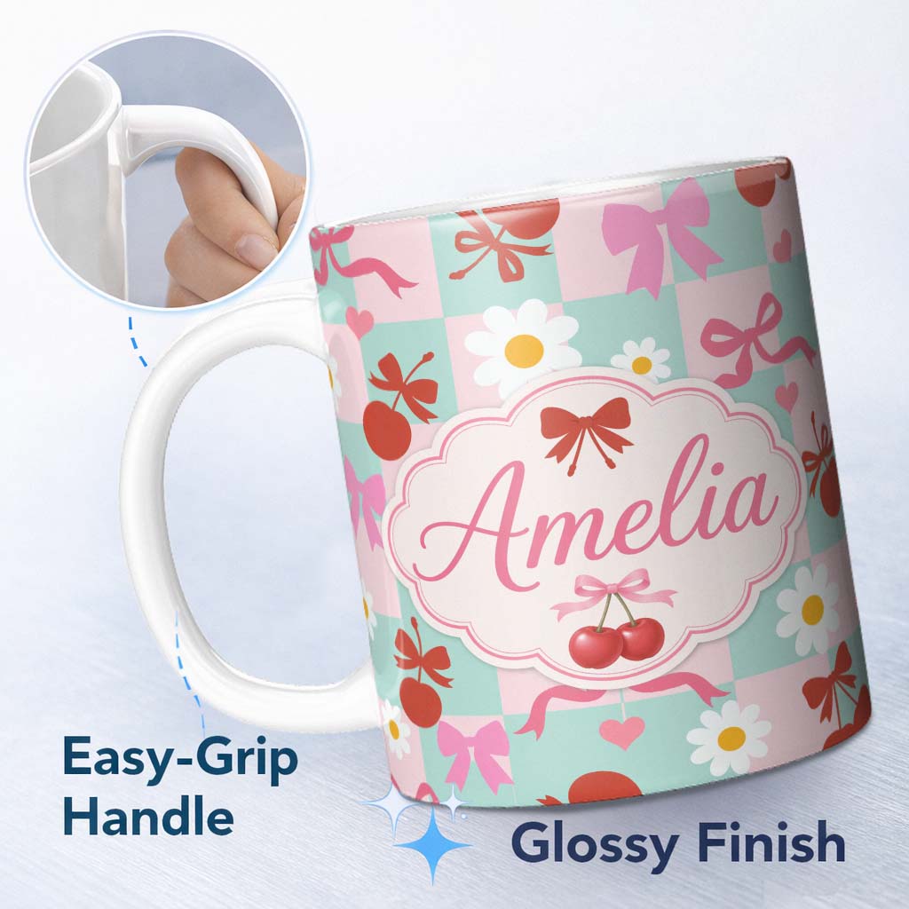 Personalized Custom Name Cute Cherry Bow Daisy Heart Seamless on Mint and Pink Gingham Lovely 11oz Ceramic Coffee Tea Mug White Large Handle