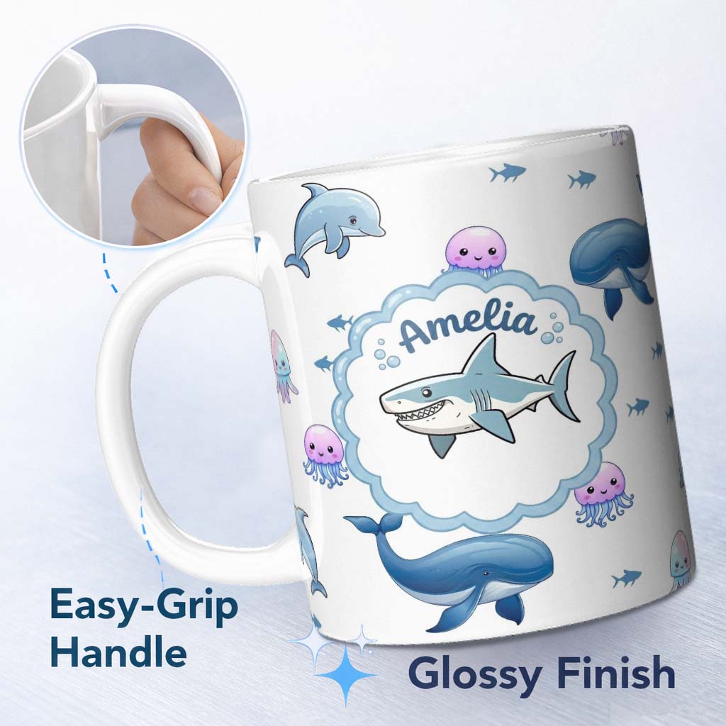Personalized Custom Name Cute Dolphin Shark and Jellyfish Ocean Animals Light Grey Background 11oz Ceramic Coffee Tea Mug White Large Handle