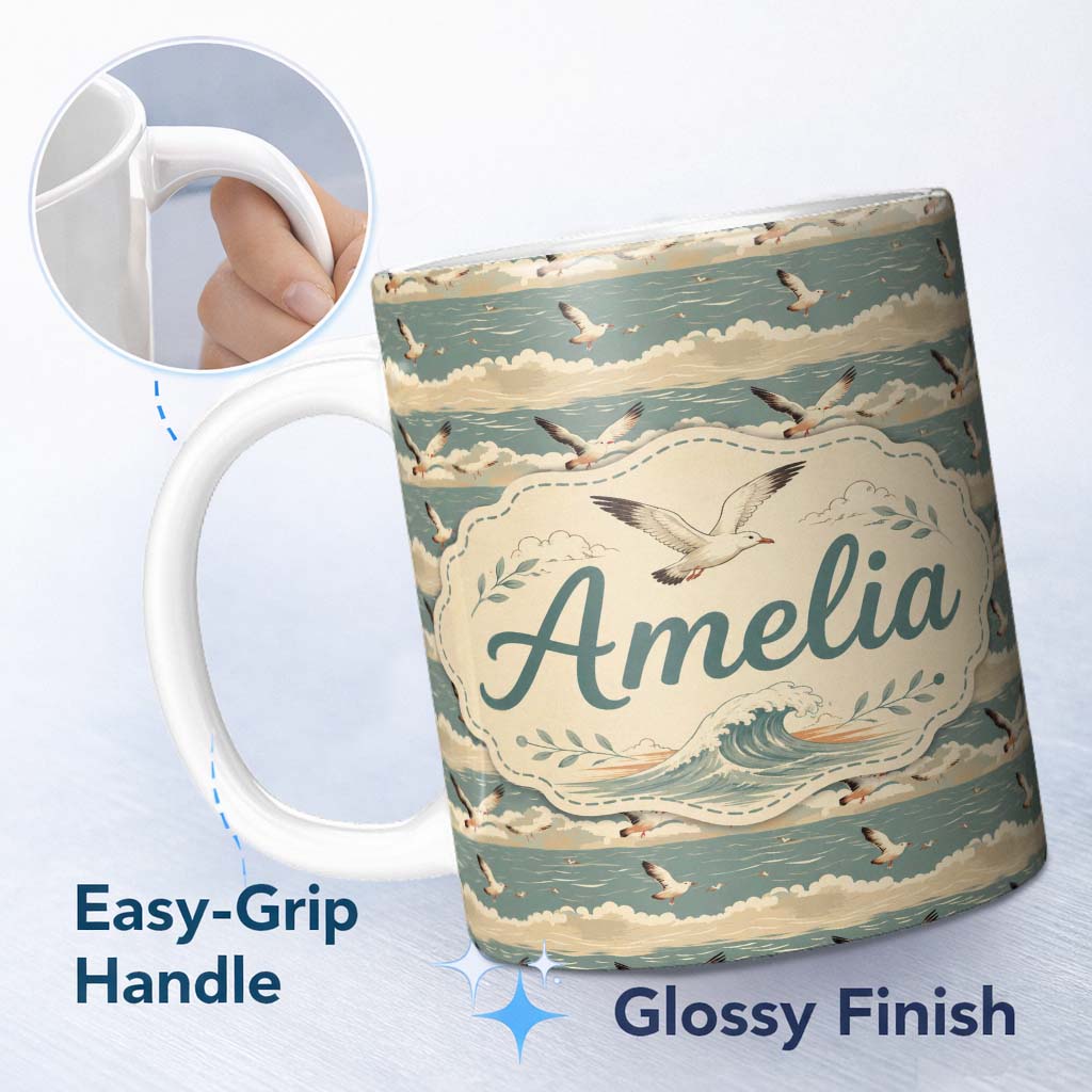 Personalized Custom Name Seagulls Flying Above Sea Horizon Scenic Seamless Pattern Lovely 11oz Ceramic Coffee Tea Mug White Large Handle