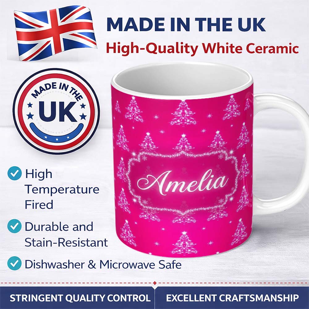 Personalized Custom Name Bright Pink Christmas Trees Star Glow Festive Seamless Pattern 11oz Ceramic Coffee Tea Mug White Large Handle