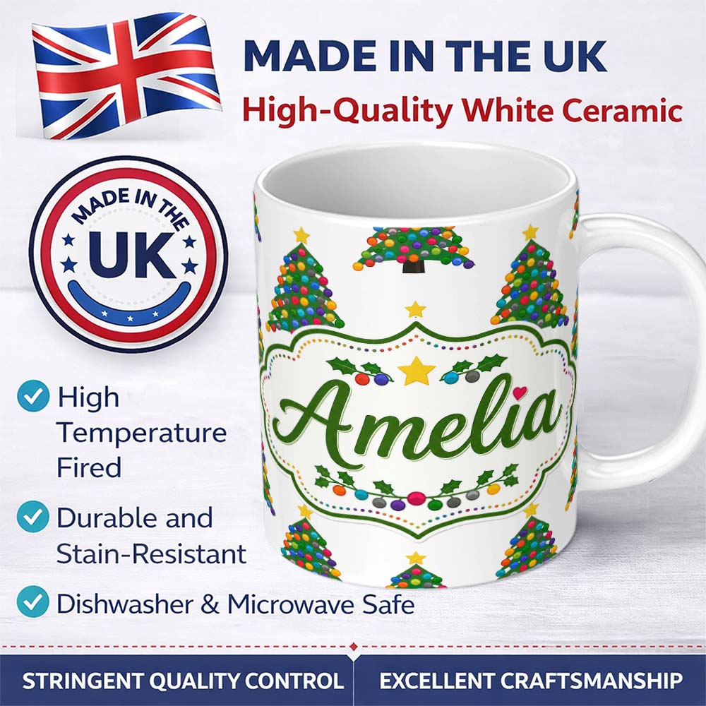 Personalized Custom Name Bright Christmas Trees with Multicolor Ornaments and Stars Seamless 11oz Ceramic Coffee Tea Mug White Large Handle