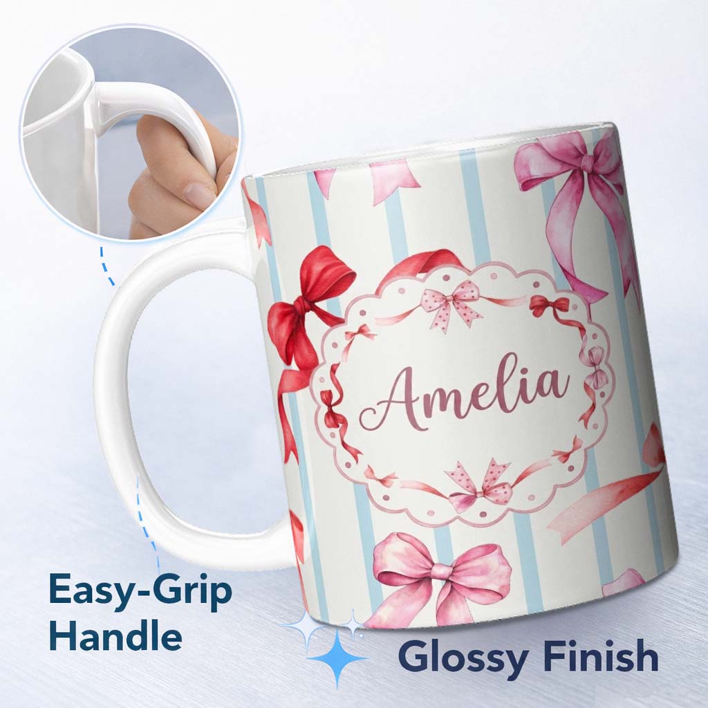 Personalized Custom Name Watercolor Ribbon Bow Seamless Pattern on Blue Stripe Background 11oz Ceramic Coffee Tea Mug White Large Handle