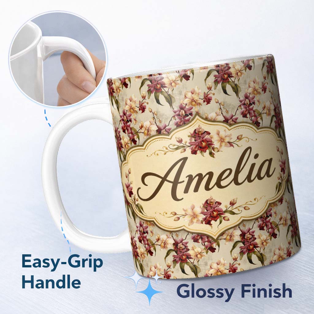 Personalized Custom Name Rich Burgundy and Cream Orchid Floral Pattern on Warm Neutral Lovely 11oz Ceramic Coffee Tea Mug White Large Handle