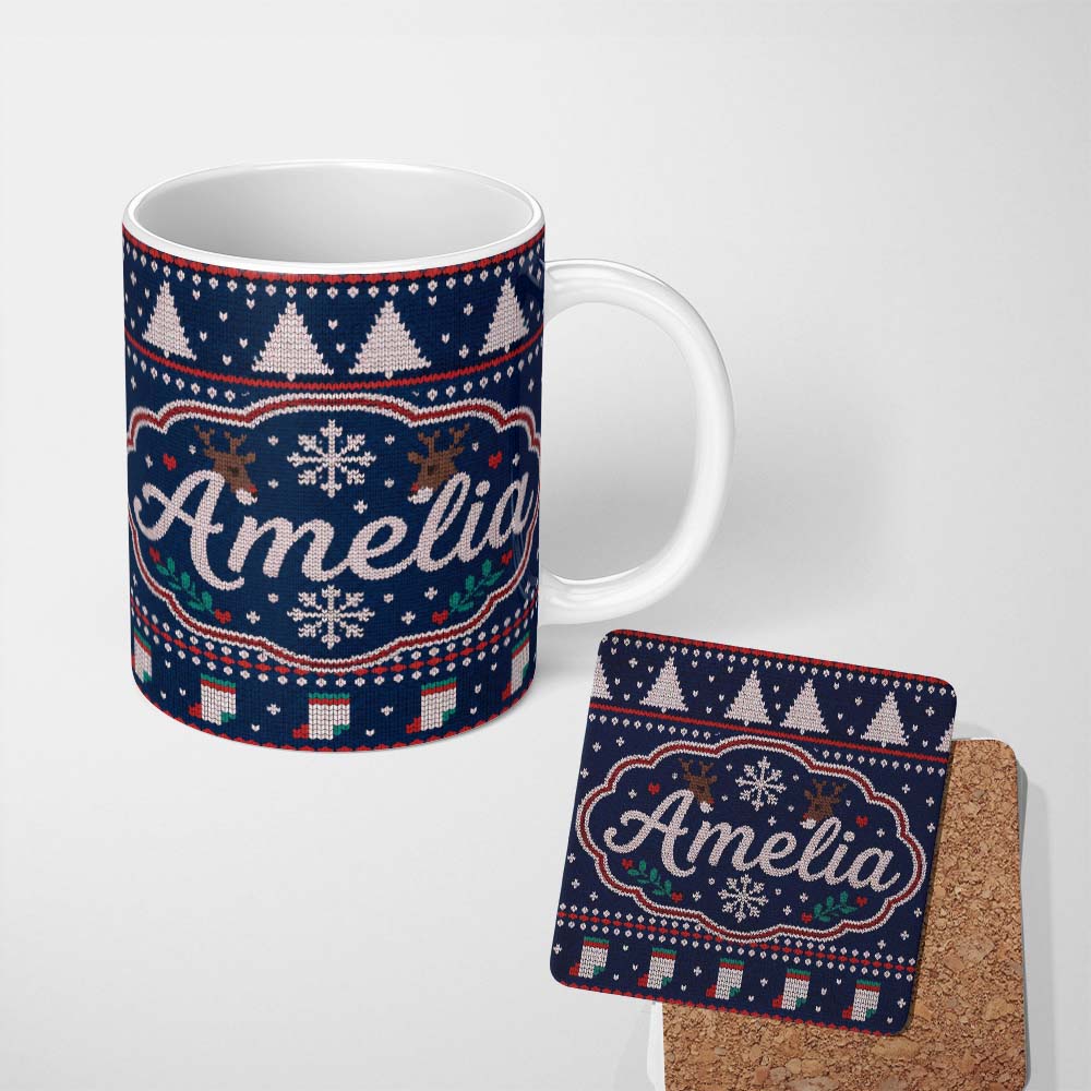 Personalized Custom Name Winter Knit Reindeer Mountain Pattern Blue White Snow Nordic Lovely 11oz Ceramic Coffee Tea Mug White Large Handle