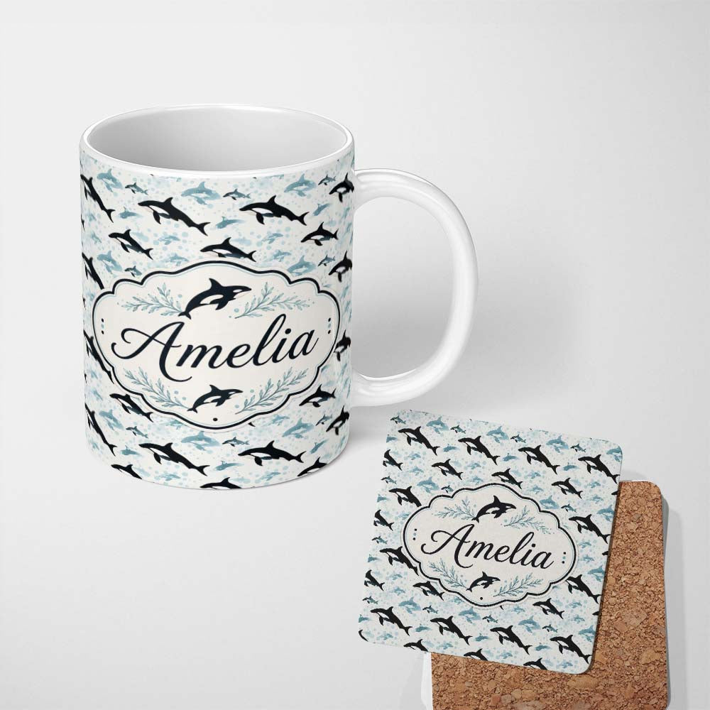 Personalized Custom Name Orca Whale Forest Landscape Seamless Pattern Nature Meets Ocean 11oz Ceramic Coffee Tea Mug White Large Handle