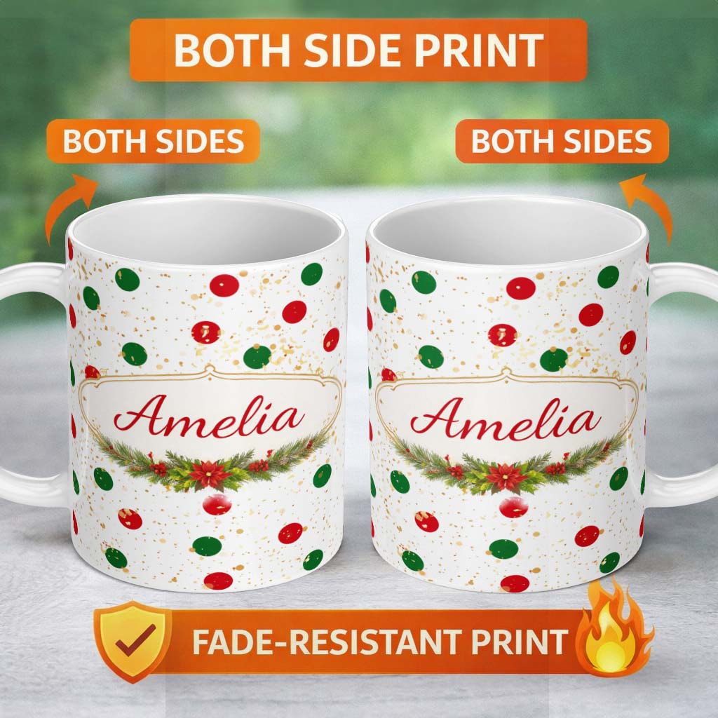 Personalized Custom Name Red and Green Polka Dots with Gold Splatter Seamless Pattern Lovely 11oz Ceramic Coffee Tea Mug White Large Handle
