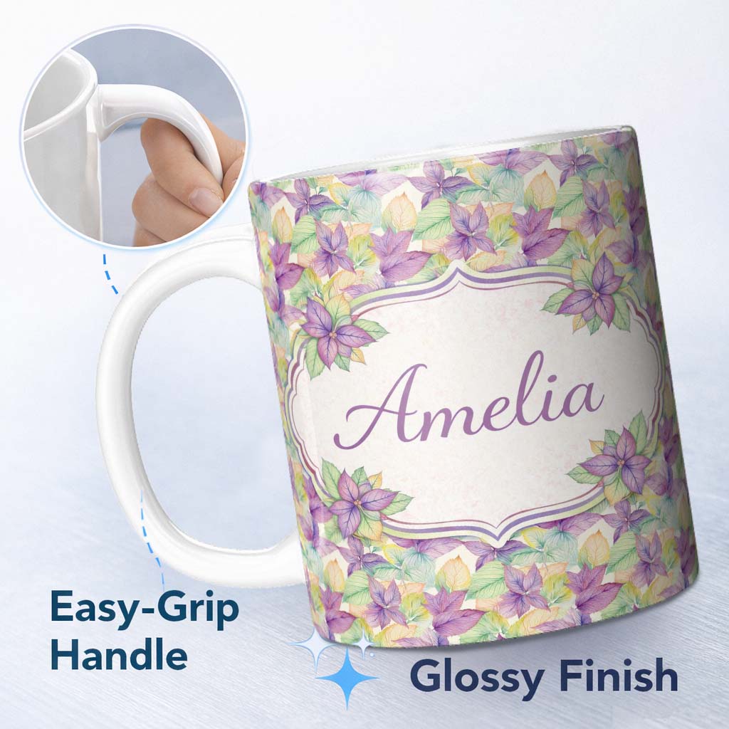 Personalized Custom Name Pastel Watercolor Leaves Soft Botanical Seamless Pattern Lovely 11oz Ceramic Coffee Tea Mug White Large Handle