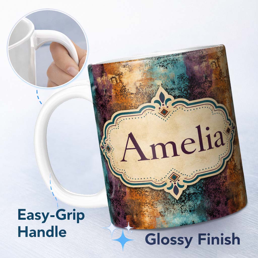 Personalized Custom Name Abstract Grunge Patchwork Texture Seamless Pattern Cute Unique Gift 11oz Ceramic Coffee Tea Mug White Large Handle