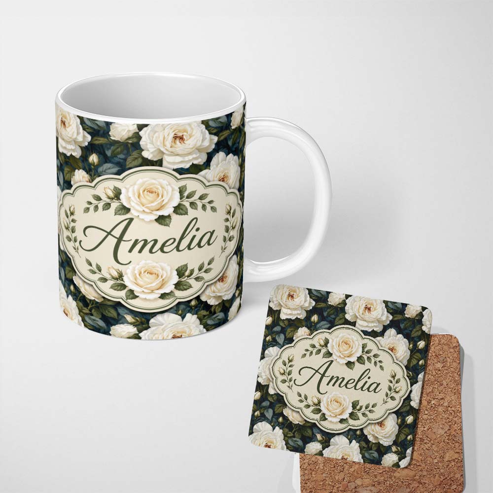 Personalized Custom Name Romantic White Roses Dark Botanical Garden Seamless Pattern Lovely 11oz Ceramic Coffee Tea Mug White Large Handle
