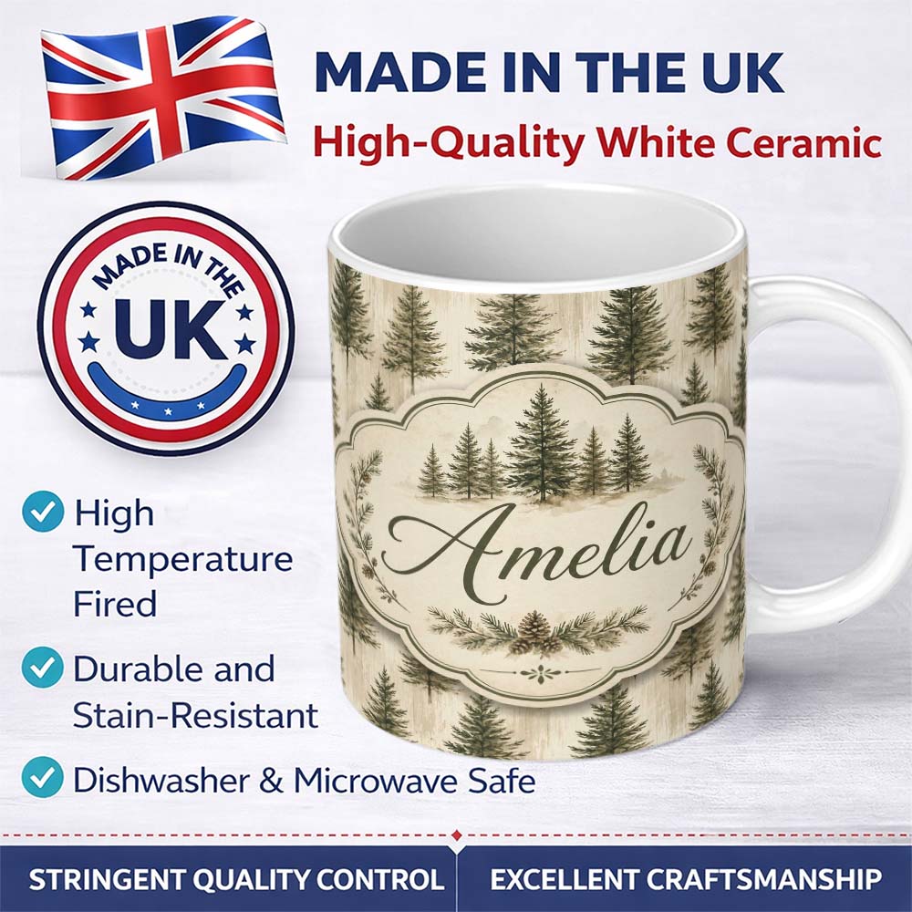 Personalized Custom Name Rustic Evergreen Trees Vintage Wood Texture Seamless Pattern Lovely 11oz Ceramic Coffee Tea Mug White Large Handle