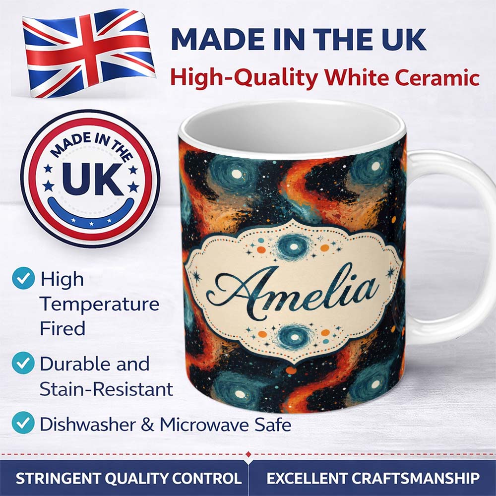 Personalized Custom Name Abstract Flowing Orange Blue Cosmic Space Seamless Pattern Artistic 11oz Ceramic Coffee Tea Mug White Large Handle