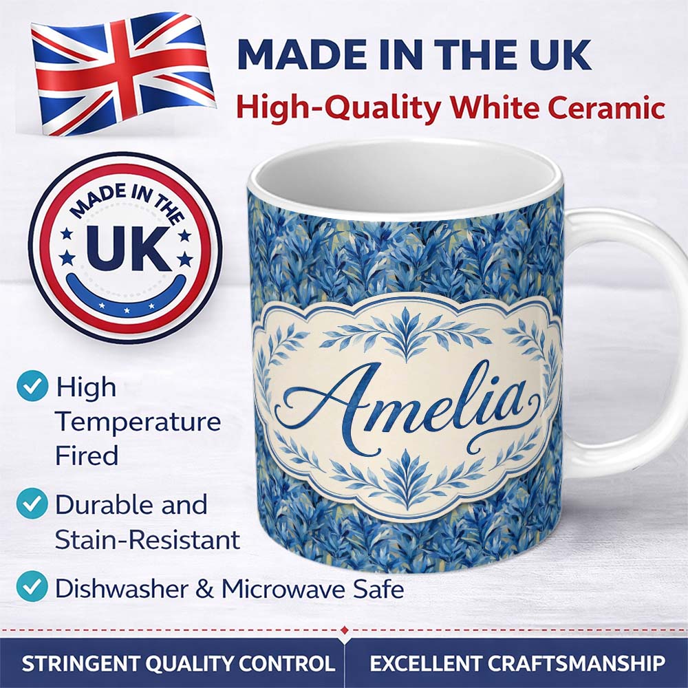 Personalized Custom Name Abstract Blue Tropical Leaf Painterly Seamless Pattern Lovely 11oz Ceramic Coffee Tea Mug White Large Handle