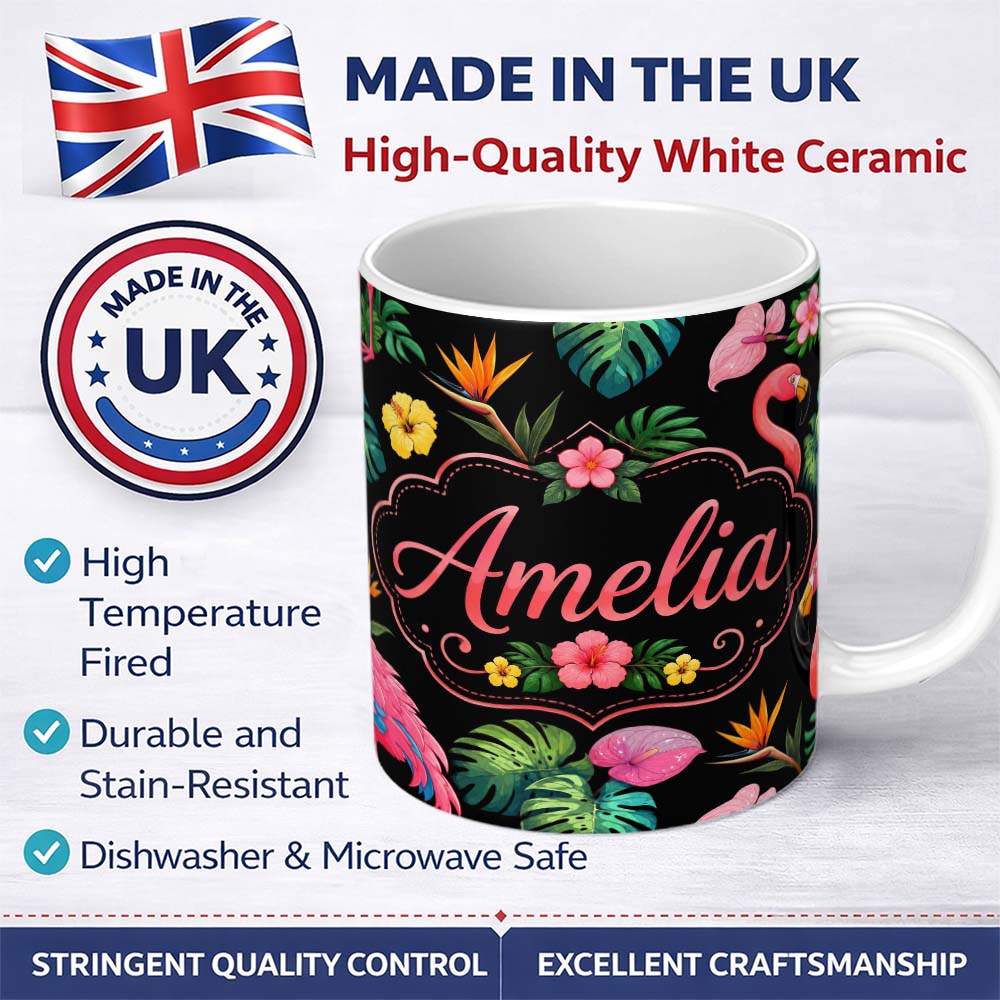 Personalized Custom Name Tropical Flamingo Bird with Exotic Flowers Leaves Pattern Black 11oz Ceramic Coffee Tea Mug White Large Handle