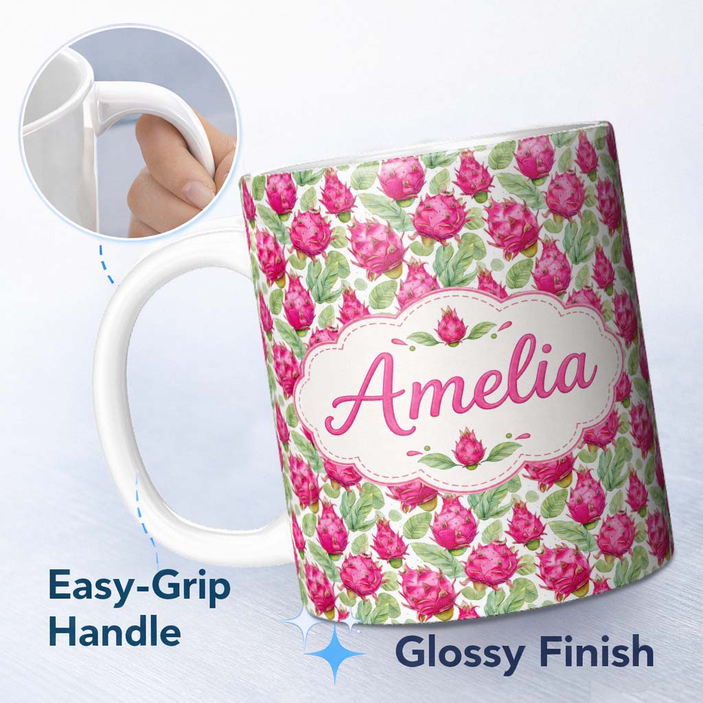 Personalized Custom Name Watercolor Dragon Fruit Tropical Seamless Pattern Cute Unique Gift 11oz Ceramic Coffee Tea Mug White Large Handle