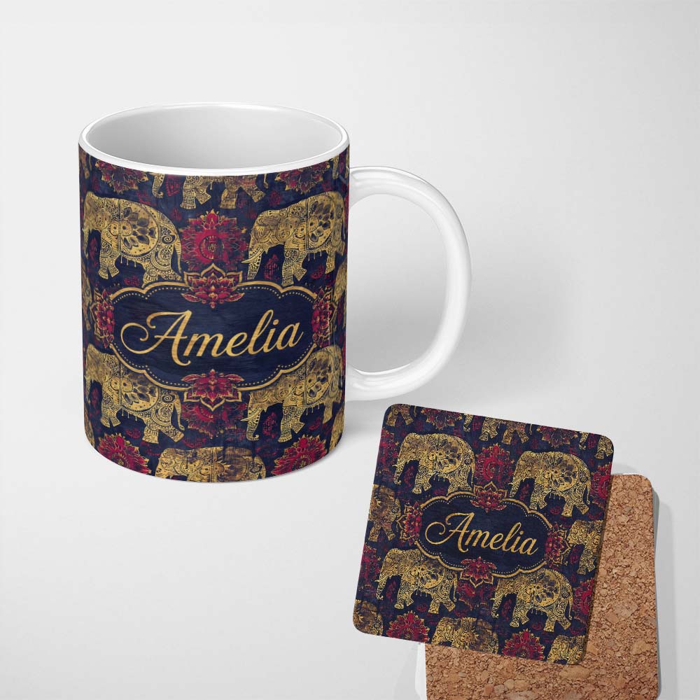 Personalized Custom Name Vintage Elephant and Floral Ethnic Seamless Pattern Cute Unique Gift 11oz Ceramic Coffee Tea Mug White Large Handle