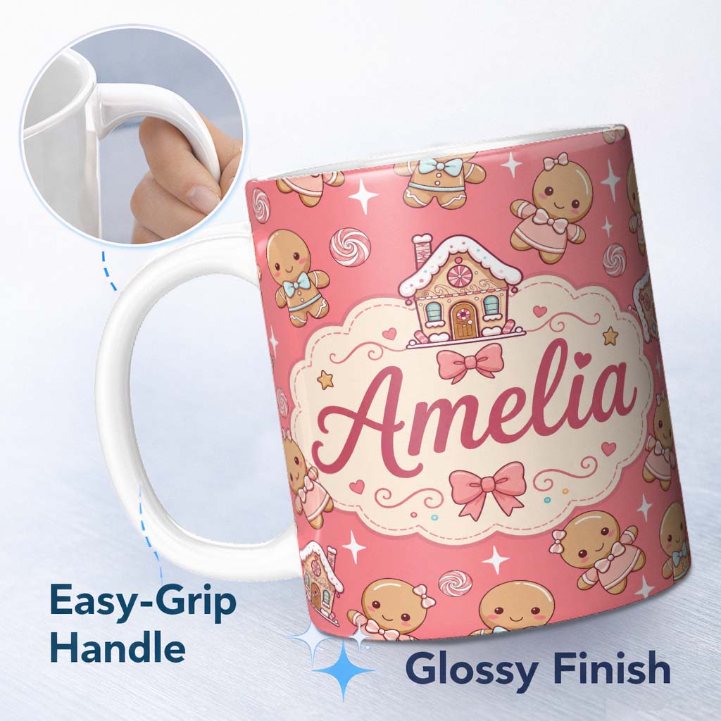 Personalized Custom Name Cute Christmas Gingerbread Characters Candy House Pattern Coral 11oz Ceramic Coffee Tea Mug White Large Handle