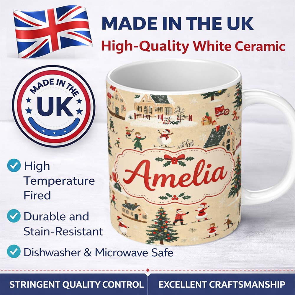 Personalized Custom Name Classic Winter Village Ice Skating Christmas Scene Seamless Pattern 11oz Ceramic Coffee Tea Mug White Large Handle