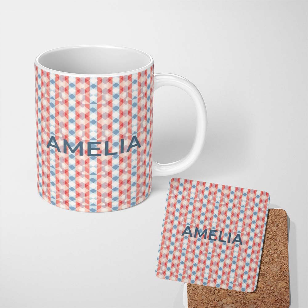 Personalized Custom Name Soft Geometric Diamond Abstract Pattern in Red and Blue Seamless 11oz Ceramic Coffee Tea Mug White Large Handle