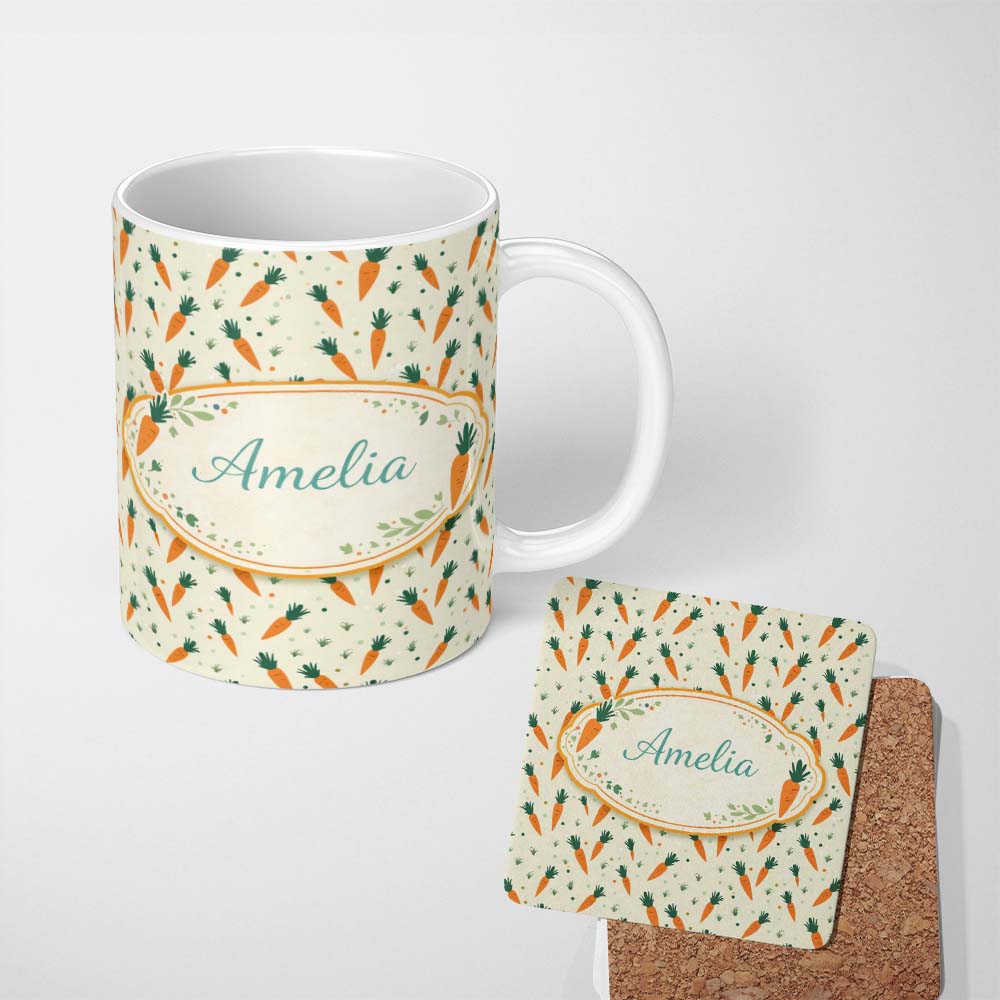 Personalized Custom Name Minimal Carrot Toss Vegetable Seamless Pattern Beautiful Coffee Cup 11oz Ceramic Coffee Tea Mug White Large Handle