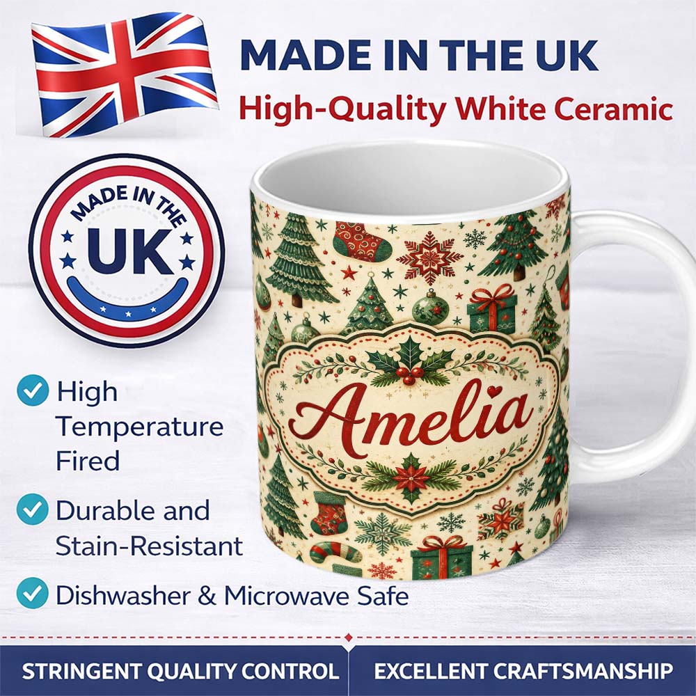 Personalized Custom Name Vintage Snowman Candy Cane Christmas Tree Cute Seamless Pattern 11oz Ceramic Coffee Tea Mug White Large Handle