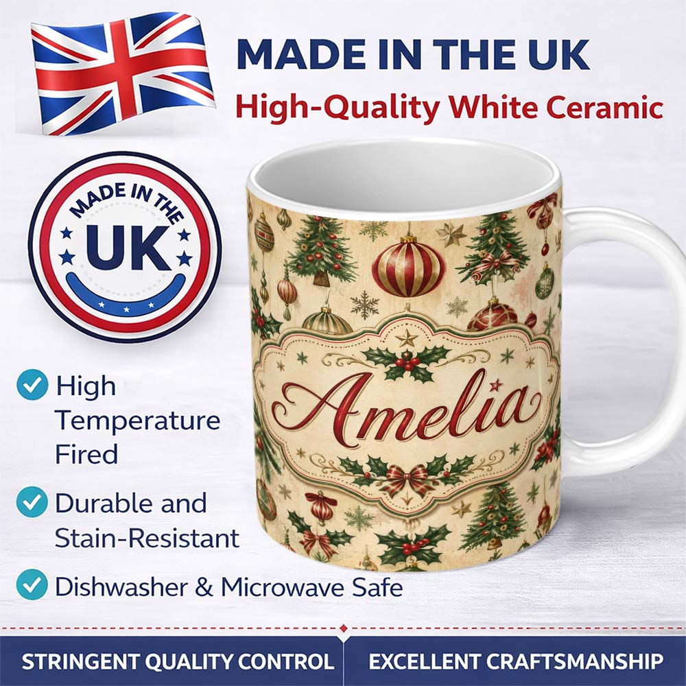 Personalized Custom Name Vintage Christmas Baubles Holly Pine Branches Festive Holiday Design 11oz Ceramic Coffee Tea Mug White Large Handle