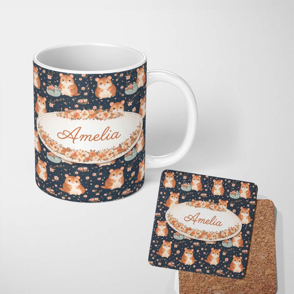 Personalized Custom Name Cute Hamster Floral Teapot Seamless Pattern Perfect Gift for Her 11oz Ceramic Coffee Tea Mug White Large Handle