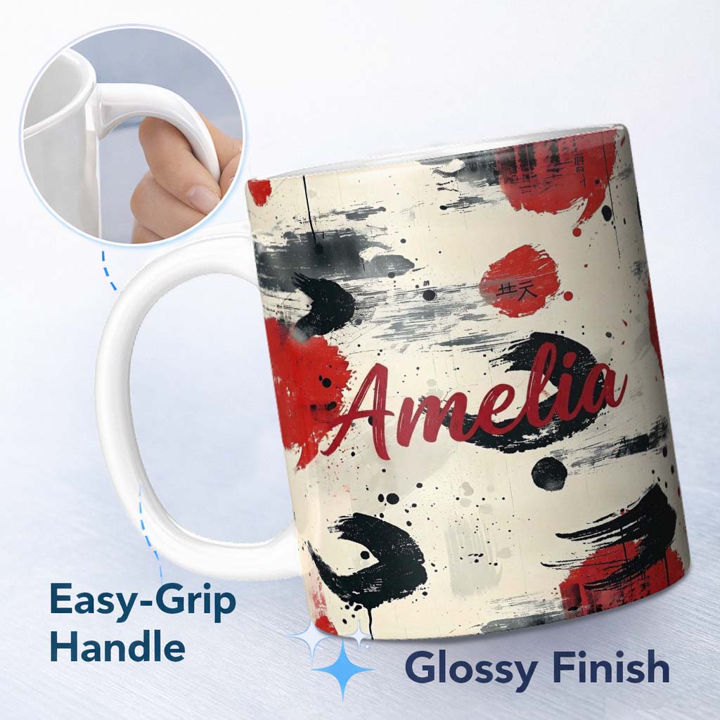 Personalized Custom Name Decorative Japanese Bento Box Lids with Floral and Wave Patterns 11oz Ceramic Coffee Tea Mug White Large Handle