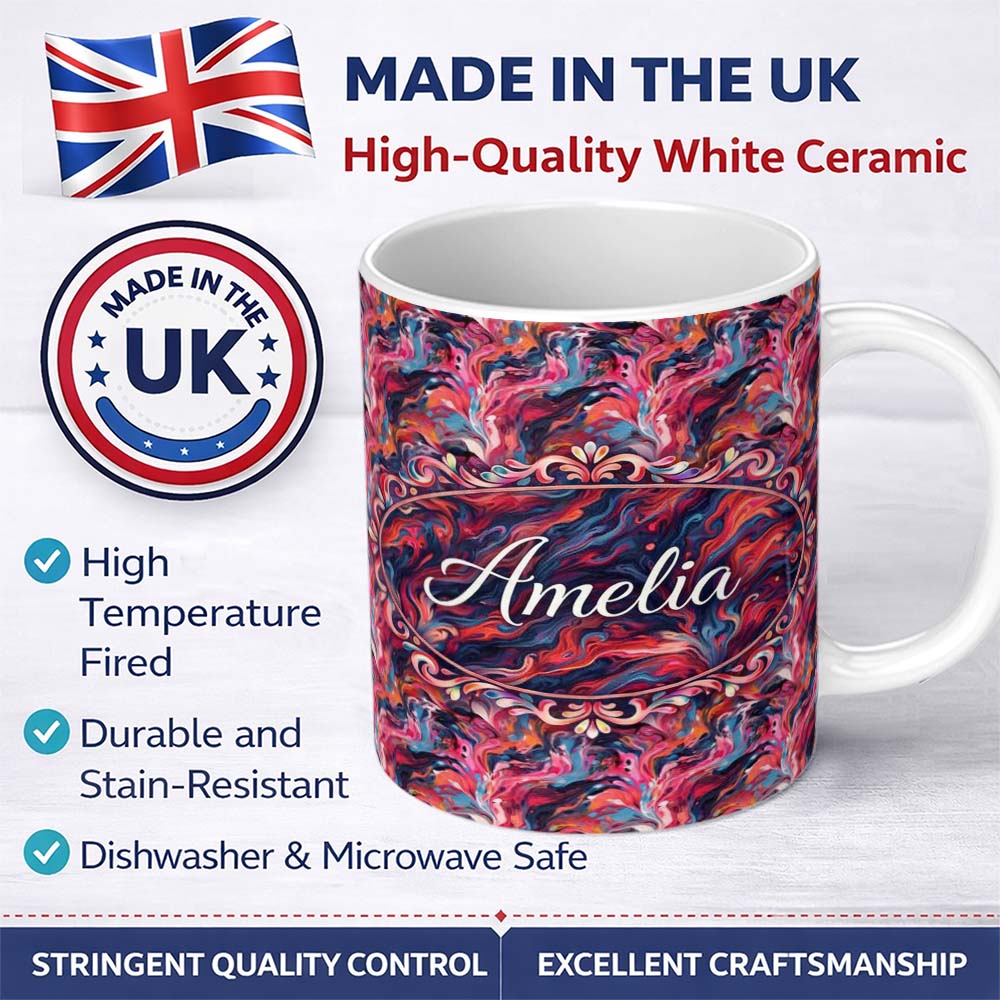 Personalized Custom Name Vibrant Fluid Marble Swirl Abstract Pattern Pink Blue Orange Lovely 11oz Ceramic Coffee Tea Mug White Large Handle