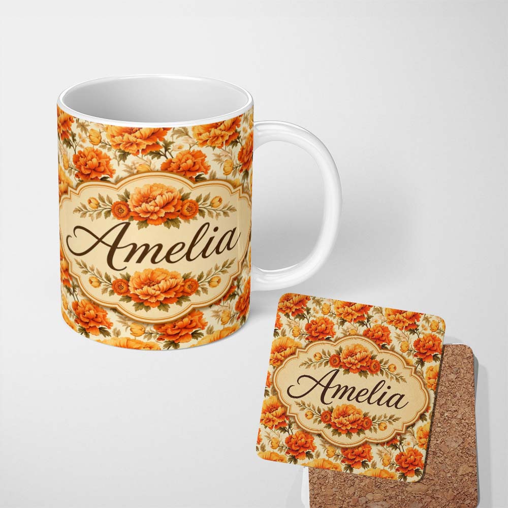 Personalized Custom Name Large Orange and Cream Chrysanthemum Floral Seamless Pattern Bold 11oz Ceramic Coffee Tea Mug White Large Handle