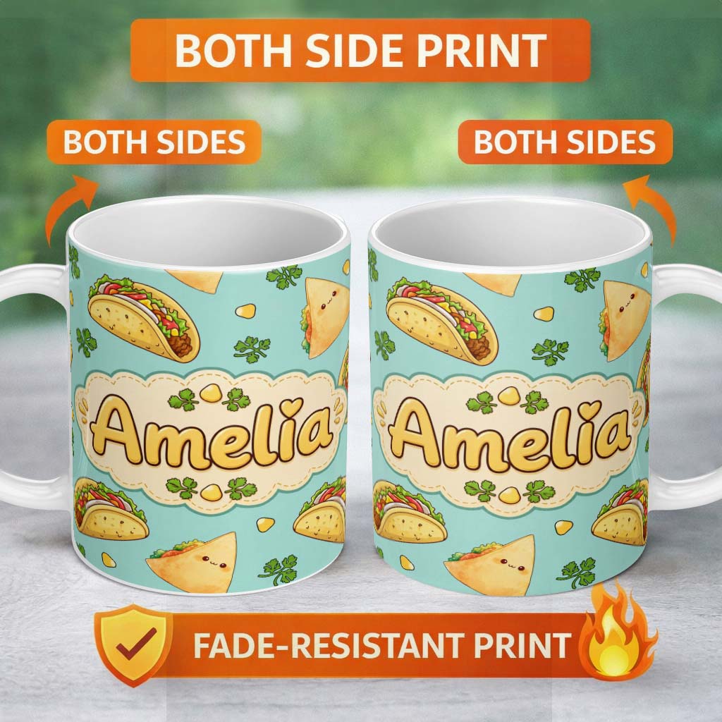 Personalized Custom Name Cute Kawaii Tacos and Wraps Seamless Pattern Teal Background Name 11oz Ceramic Coffee Tea Mug White Large Handle