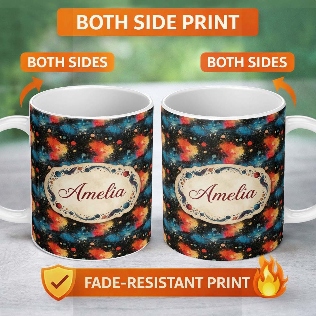 Personalized Custom Name Abstract Cosmic Paint Splash Orange Blue Space Seamless Pattern Dark 11oz Ceramic Coffee Tea Mug White Large Handle