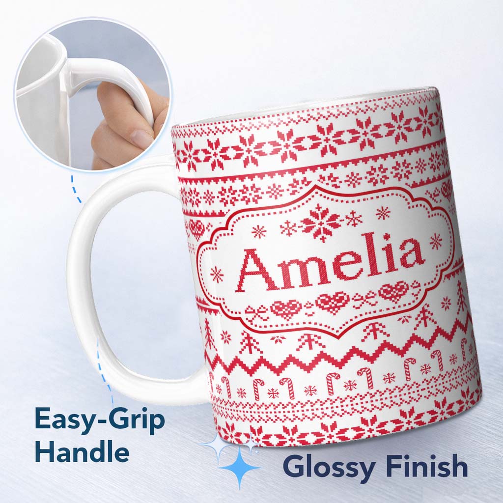 Personalized Custom Name Scandinavian Red Nordic Knit Snowflake Pattern Seamless Pattern 11oz Ceramic Coffee Tea Mug White Large Handle