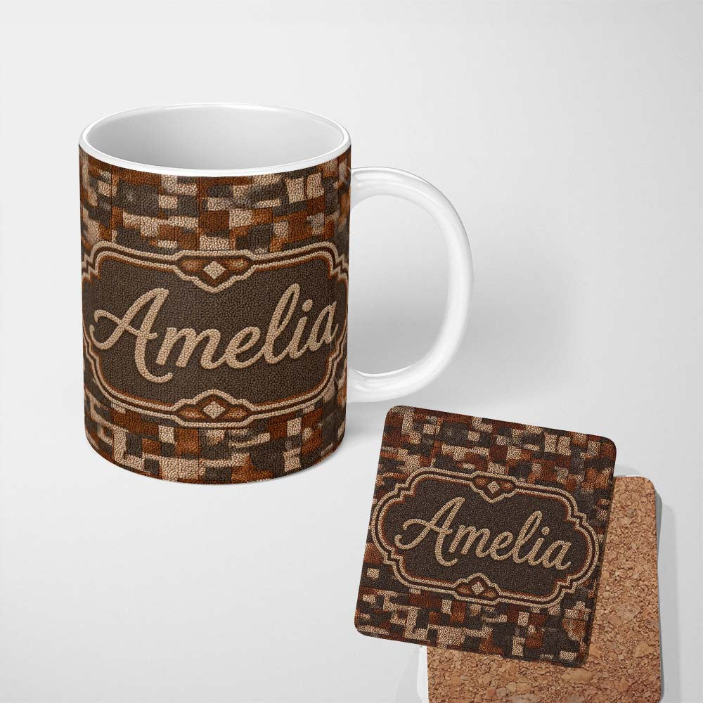 Personalized Custom Name Brown Pebble Mosaic Texture Abstract Seamless Pattern Lovely 11oz Ceramic Coffee Tea Mug White Large Handle