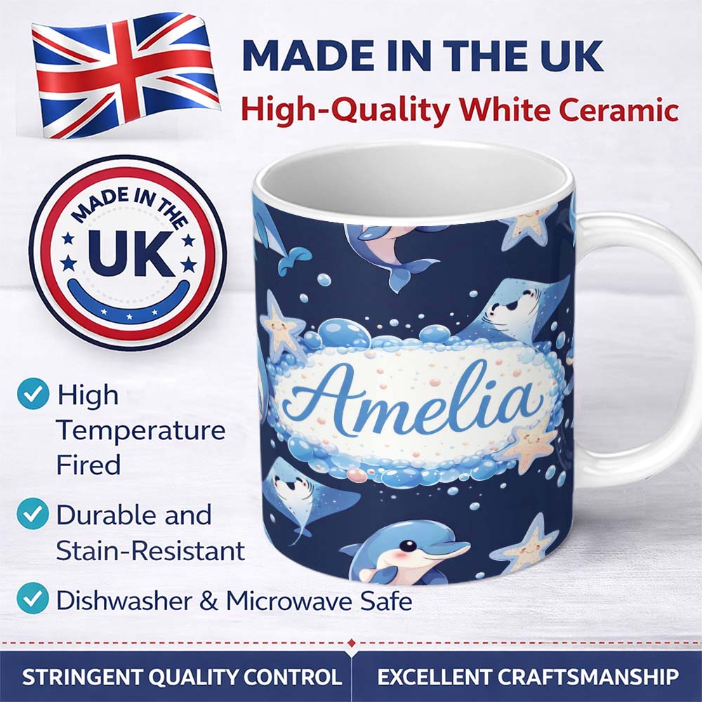 Personalized Custom Name Cute Dolphin Stingray Starfish Cartoon Sea Life Pattern Navy Lovely 11oz Ceramic Coffee Tea Mug White Large Handle