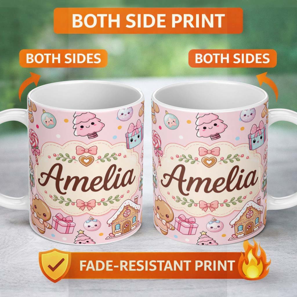 Personalized Custom Name Cute Christmas Gingerbread Candy Gift House Seamless Pattern Pink 11oz Ceramic Coffee Tea Mug White Large Handle