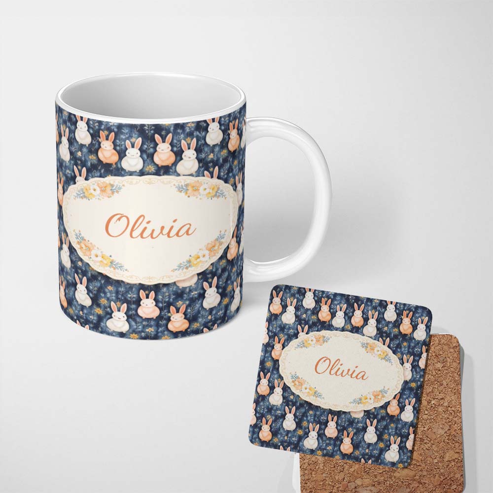 Personalized Custom Name Watercolor Bunny Meadow Floral Seamless Pattern Perfect Gift for Her 11oz Ceramic Coffee Tea Mug White Large Handle