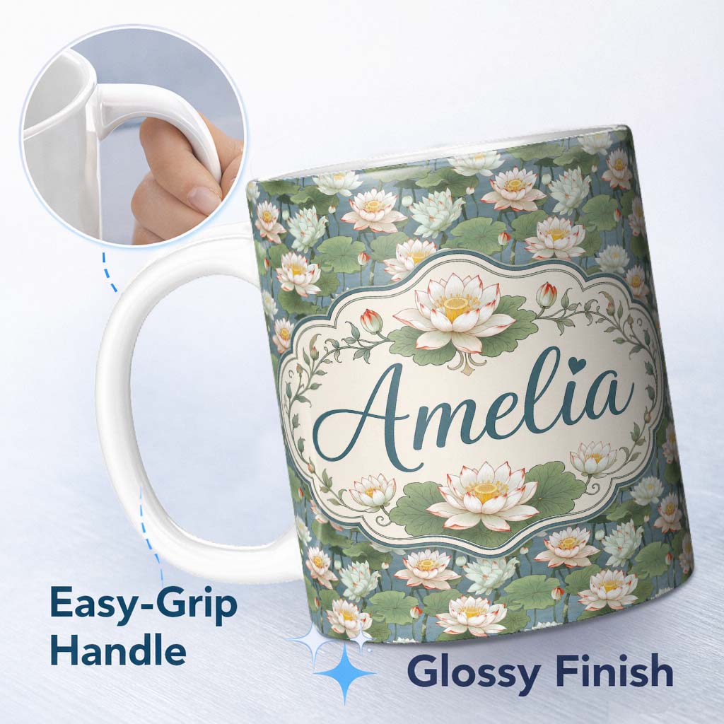 Personalized Custom Name Traditional Lotus Pond Floral Pattern with Calm Blue Background 11oz Ceramic Coffee Tea Mug White Large Handle